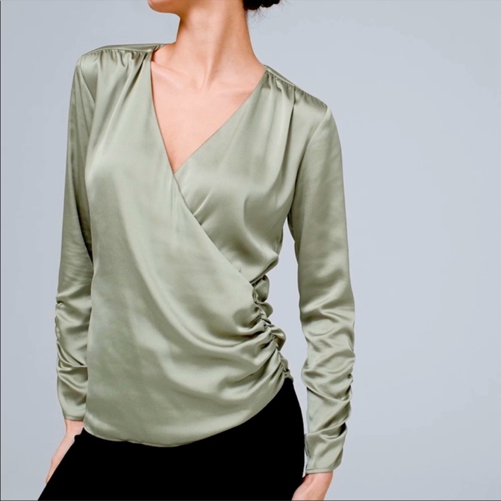 NWT White House Black Market Ruched Wrap Front Satin Blouse
